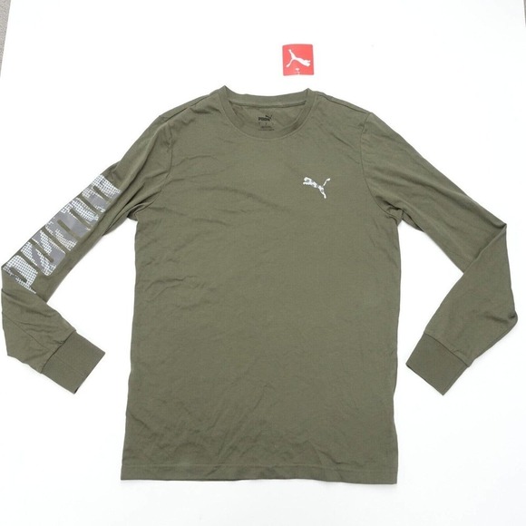 Puma T-Shirt Men's Small Olive Green Long Sleeve Crew Neck Regular Fit Pullover - Picture 1 of 6